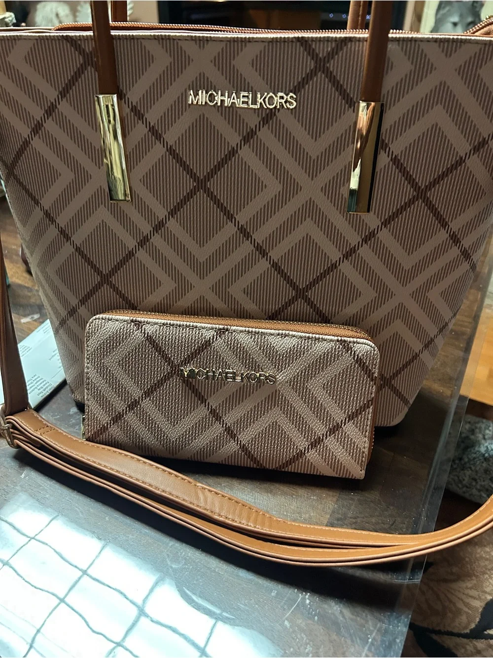 Michael Kors Tan Brown Plaid Tote with Matching Wallet/ Not verified authentic.